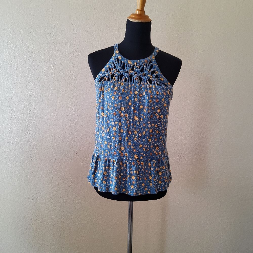 NWOT Daniel Rainn Braided Ruffle Floral Halter Top Size PS Blue